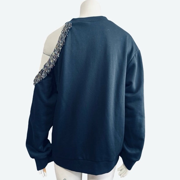 STELLAH asymmetrical black beaded fringe cold shoulder crew neck top women’s XL - Picture 4 of 13